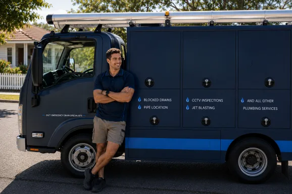 Plumber standing beside a service van in Miranda