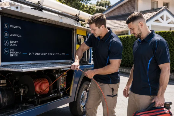 Plumbers clearing a blocked drain in Miranda