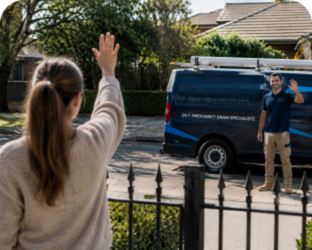 Customer waving goodbye to a Miranda Blocked Drains plumber